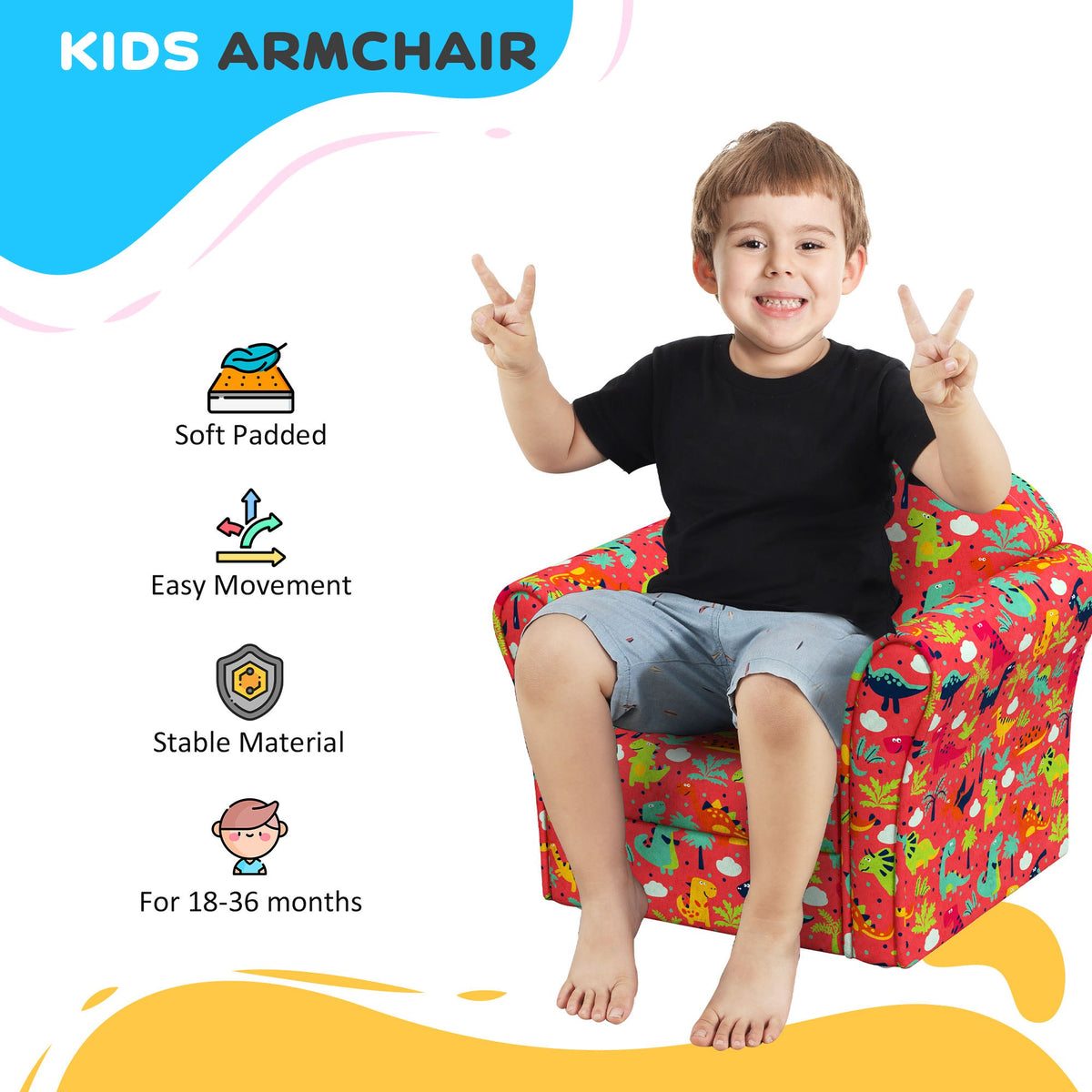 AIYAPLAY padded kids armchair with colorful dinosaur pattern and a child seated