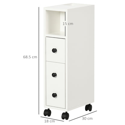 kleankin slimline white bathroom storage cabinet with open shelf, three drawers and caster wheels