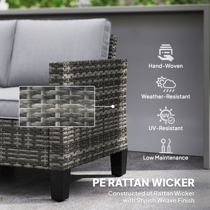 Close-up of the sofa's dark gray woven wicker armrest and sturdy leg