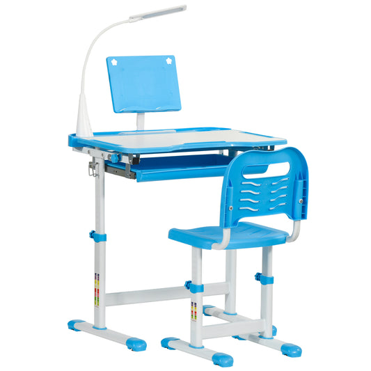 Photo of HOMCOM Kids Study Desk and Chair Set w/ Adjustable Height, Storage, Drawer, Blue in Blue colour on a white background