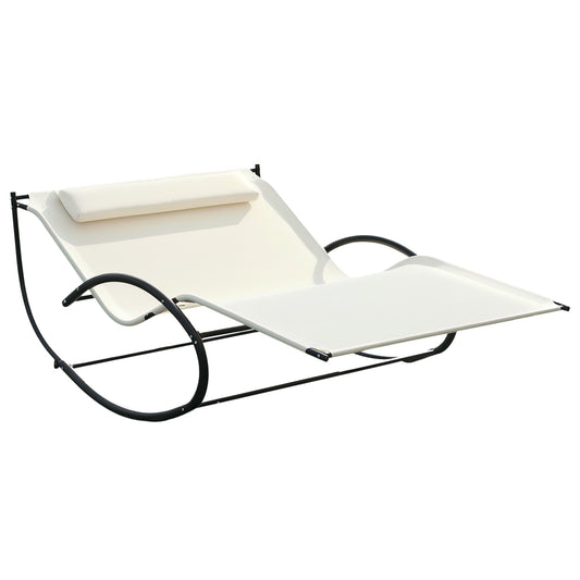 Photo of Outsunny Double Sun Lounger, Rocking Lounger Sunbed Daybed with Armrest and Headrest Pillow, for Two, For Outdoor Patio Garden, Cream White in White colour on a white background