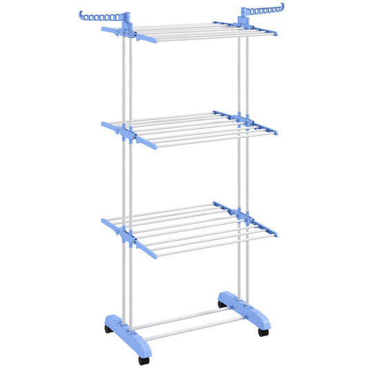 Photo of HOMCOM Foldable Clothes Drying Rack, 4-Tier Steel Garment Laundry Rack with Castors for Indoor and Outdoor Use, Blue in Blue colour on a white background