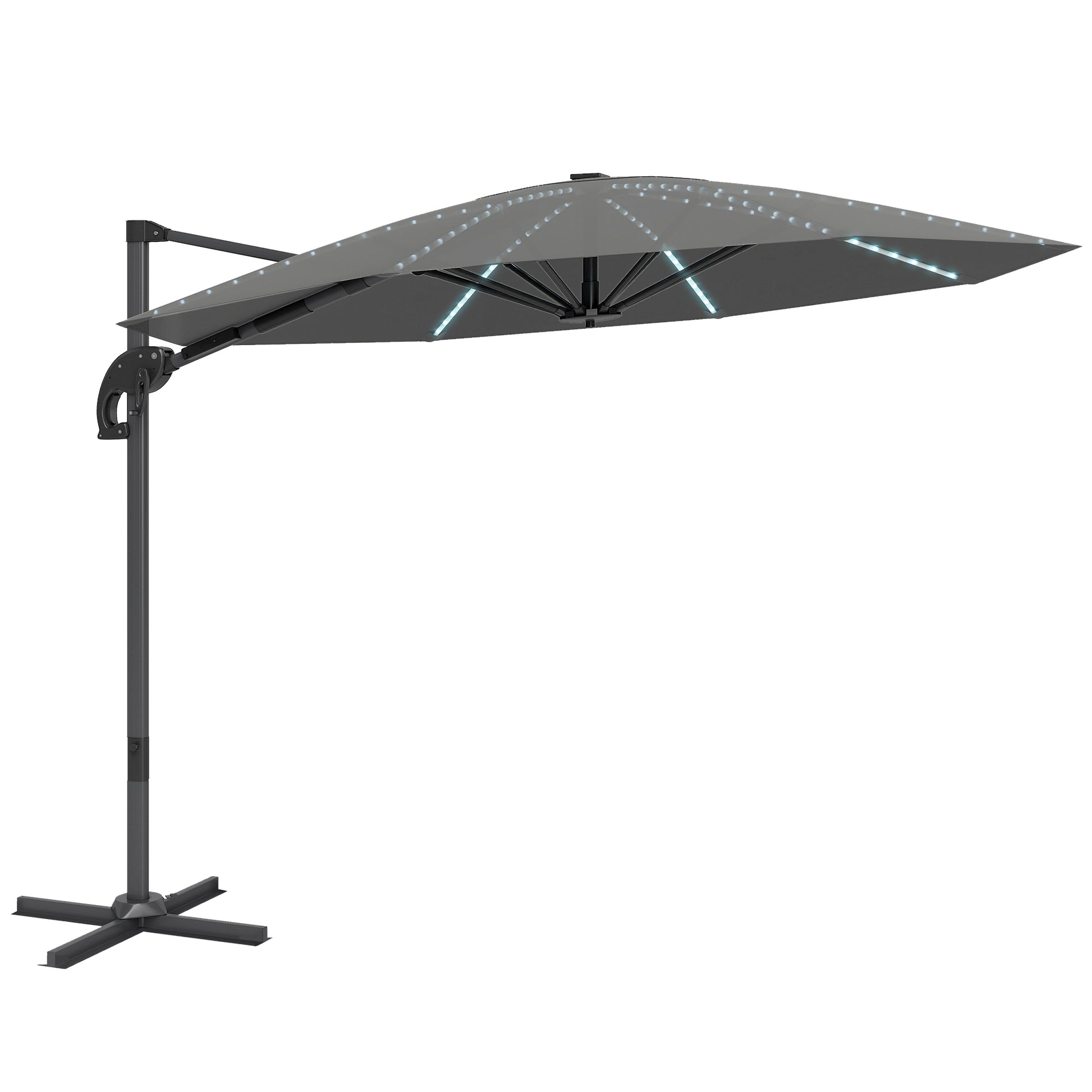 Photo of Outsunny 3(m) Cantilever Garden Parasol with Solar Powered Lights, Crank Handle & Cross Base, UPF 50+, 360° Rotation, Dark Grey in Grey colour on a white background