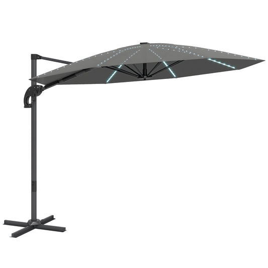 Photo of Outsunny 3(m) Cantilever Garden Parasol with Solar Powered Lights, Crank Handle & Cross Base, UPF 50+, 360° Rotation, Dark Grey in Grey colour on a white background