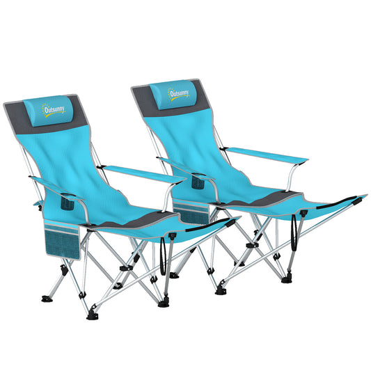 Photo of Outsunny Set of 2 Reclining Folding Camping Chair w/ Detachable Footrest, Storage Bag, Cup Holder & Headrest, Blue and Grey in Grey colour on a white background