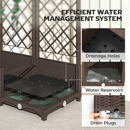 Brown raised garden bed showing drainage holes, water reservoirs, and removable drain plugs