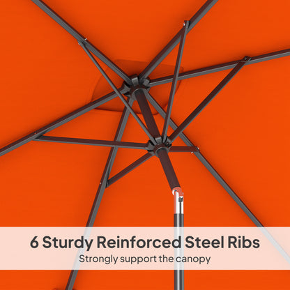 Underside of orange parasol showing six reinforced steel support ribs