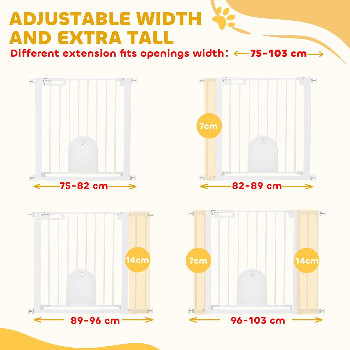 PawHut white pet gate with cat flap and extension panels for 75–103 cm openings