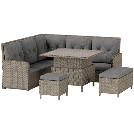 Photo of Outsunny 7 Seater Rattan Garden Furniture Set, 6 Piece Patio Dining Set with Liftable Coffee Table and Soft Padded Cushion, Wicker Sectional Conversation Corner Sofa, 123 x 55 x 84 cm, Light Grey in Grey colour on a white background