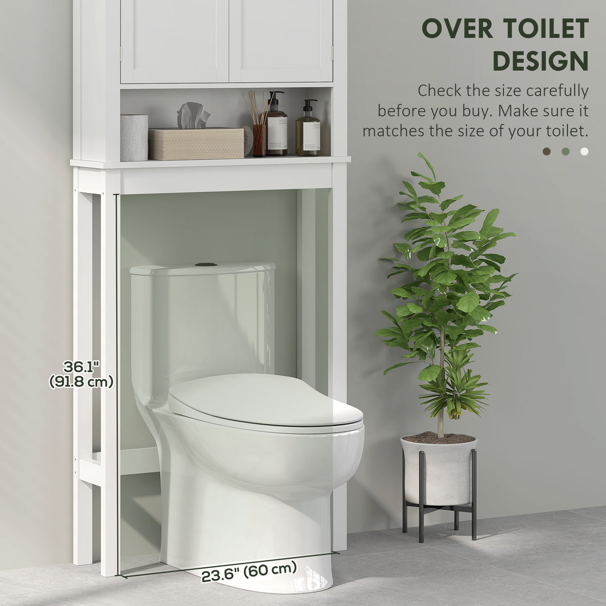 HOMCOM white over-toilet cabinet shown above a toilet, with an open shelf and two-door cupboard