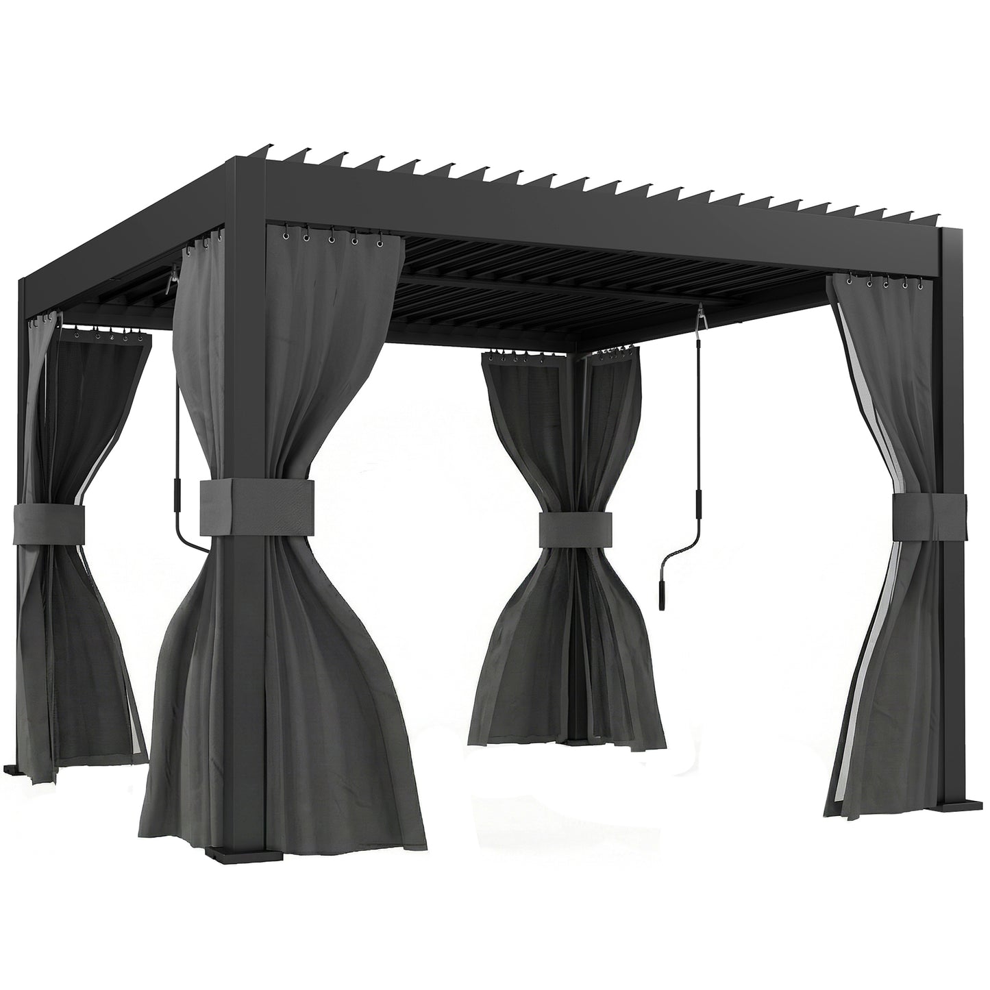 Photo of Outsunny 3 x 3 m Louvered Pergola with Adjustable Metal Louvred Roof, Aluminium Patio Gazebo with Netting and Curtains, Dark Grey in Grey colour on a white background