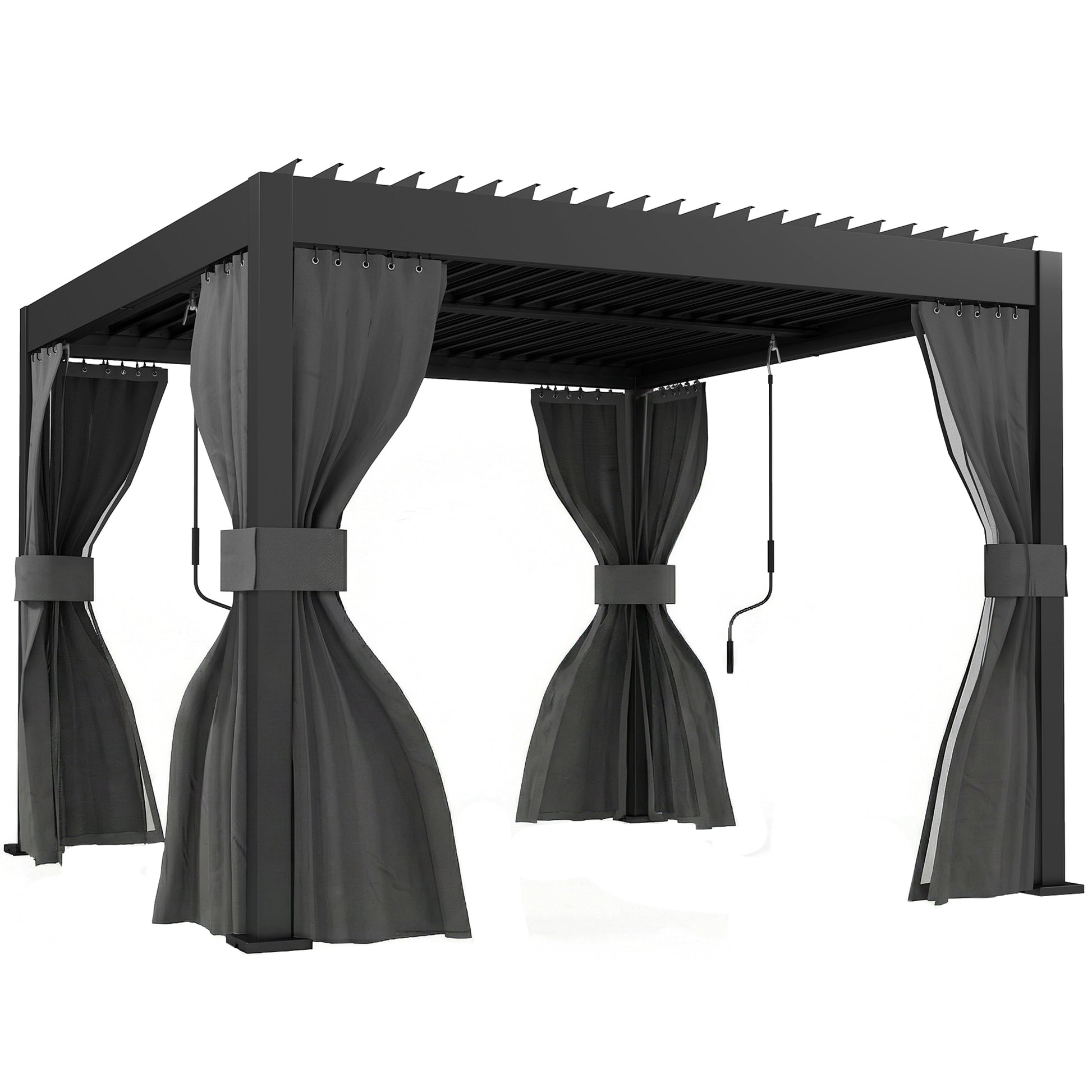 Photo of Outsunny 3 x 3 m Louvered Pergola with Adjustable Metal Louvred Roof, Aluminium Patio Gazebo with Netting and Curtains, Dark Grey in Grey colour on a white background