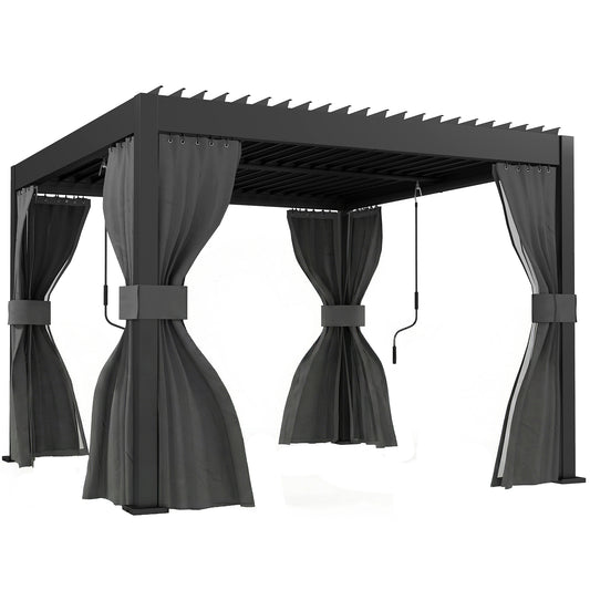 Photo of Outsunny 3 x 3 m Louvered Pergola with Adjustable Metal Louvred Roof, Aluminium Patio Gazebo with Netting and Curtains, Dark Grey in Grey colour on a white background