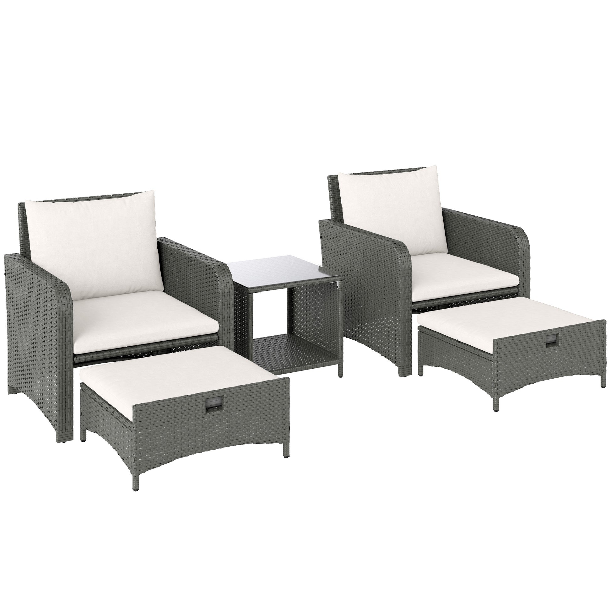 Photo of Outsunny Five Piece Rattan Garden Furniture Set with 2-Tier Coffee Table and Ottomans  - Cream White in White colour on a white background