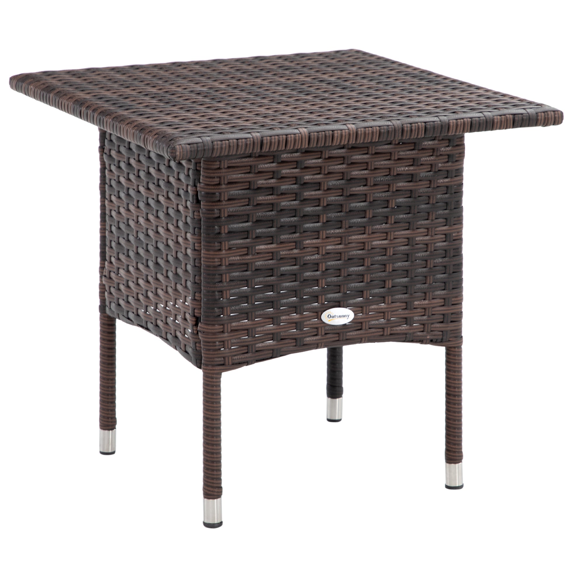 Photo of Outsunny Outdoor Rattan Side Table Coffee Table with Plastic Board, Full Woven Table Top for Patio, Garden, Balcony, Mixed Brown in Brown colour on a white background
