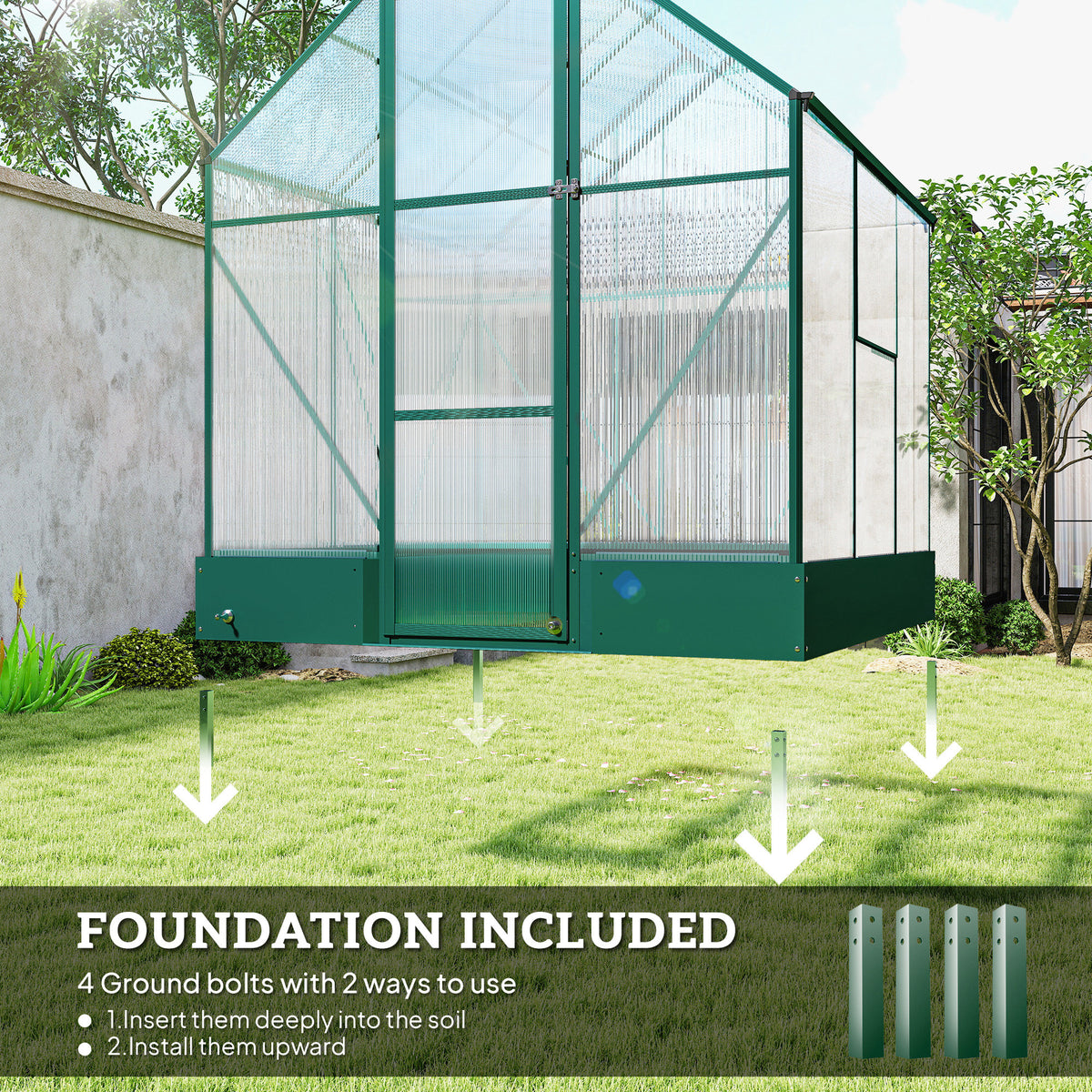 Greenhouse with dark green frame and ground bolts securing its base