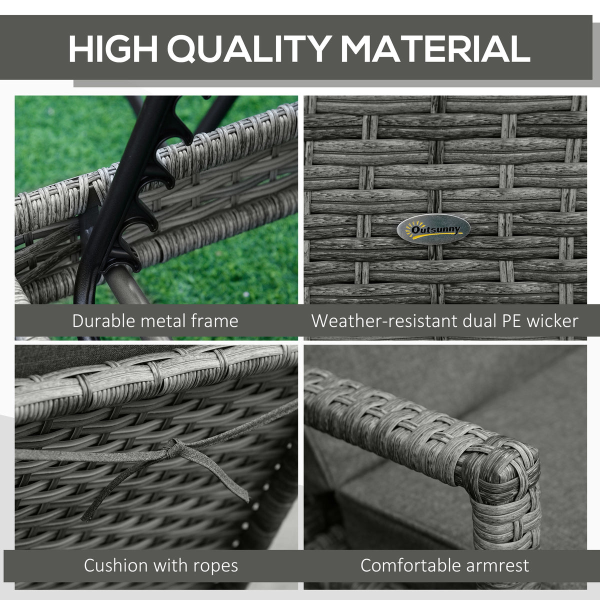 Wicker sun lounger details showing metal frame, dual-weave wicker, cushion ties, and armrest