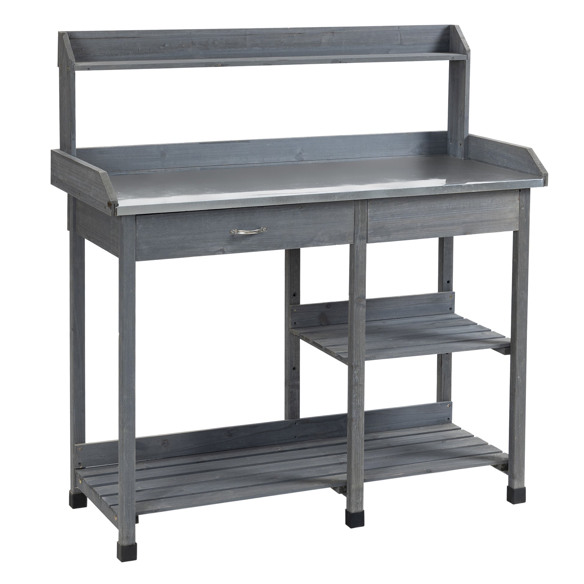 Photo of Outsunny Garden Potting Table with Storage, Workbench, Metal Top, Storage Shelves & Hooks for Patio, Courtyard, Wooden in Wooden colour on a white background