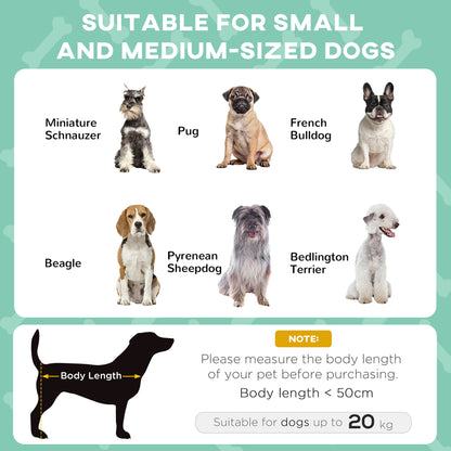 Raised pet bed sized for small and medium dogs, with a body length guide under 50 cm