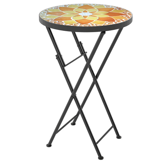 Photo of Outsunny Mosaic Outdoor Garden Table, 35.5cm Round Folding Coffee Table with Metal Frame for Balcony Terrace, Yellow in Yellow colour on a white background