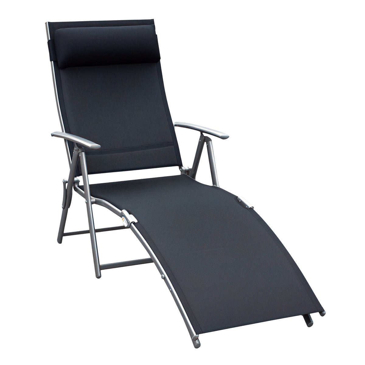 Black folding sun lounger reclined with extended footrest and silver steel frame