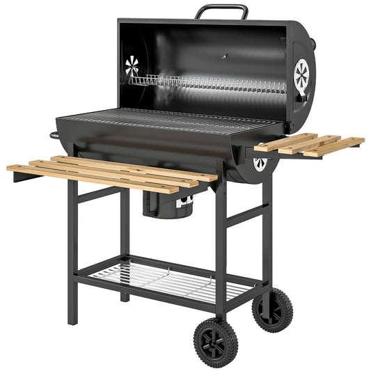 Photo of Outsunny Charcoal Grill, Barrel BBQ Smoker with Warming Rack, Charcoal BBQ Grill with Foldable Shelves, Natural Wood and Black in Black colour on a white background