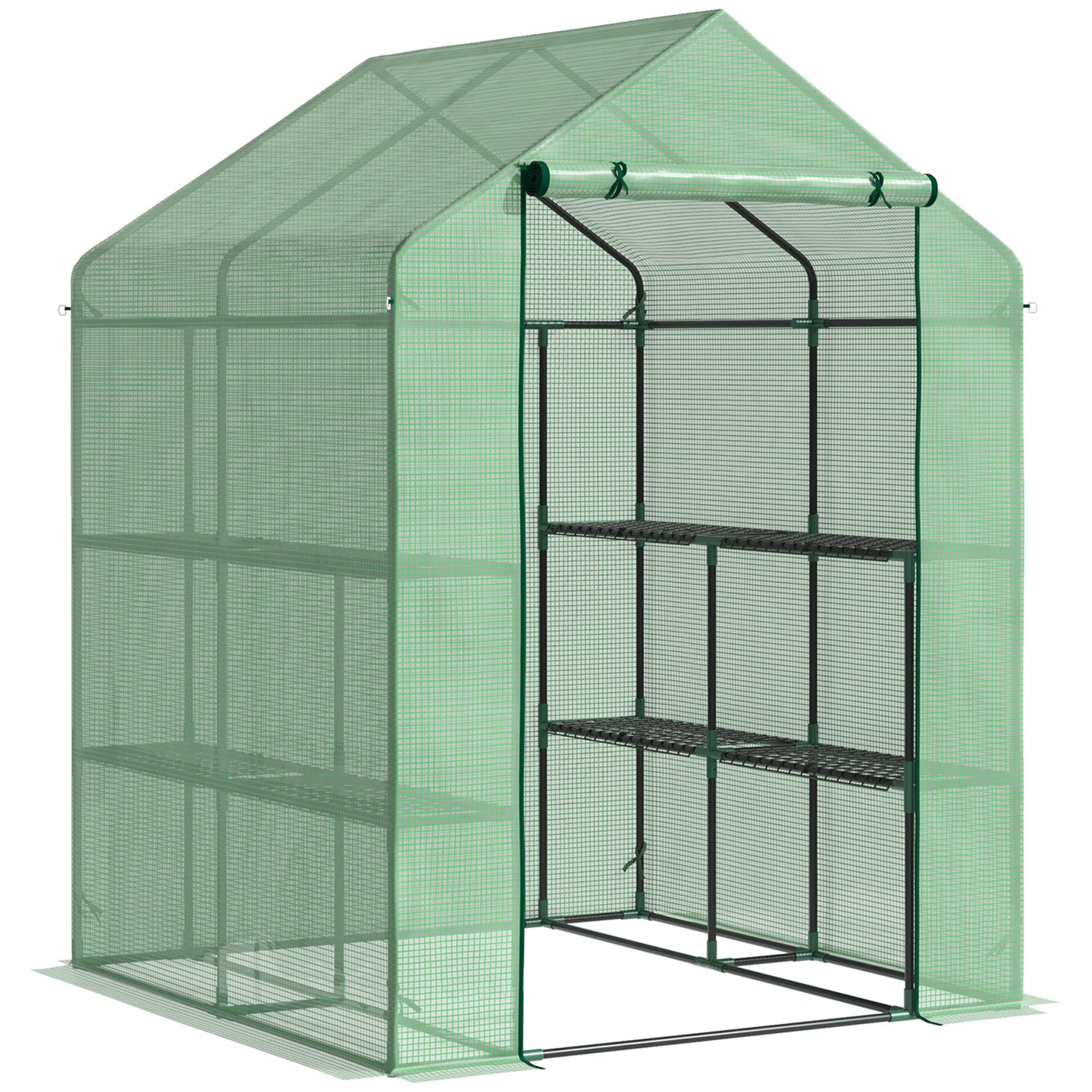Photo of Outsunny Walk in Greenhouse with Shelves Steeple Green House for Garden Grow House Removable Cover 143x138x190cm, Green in Green colour on a white background