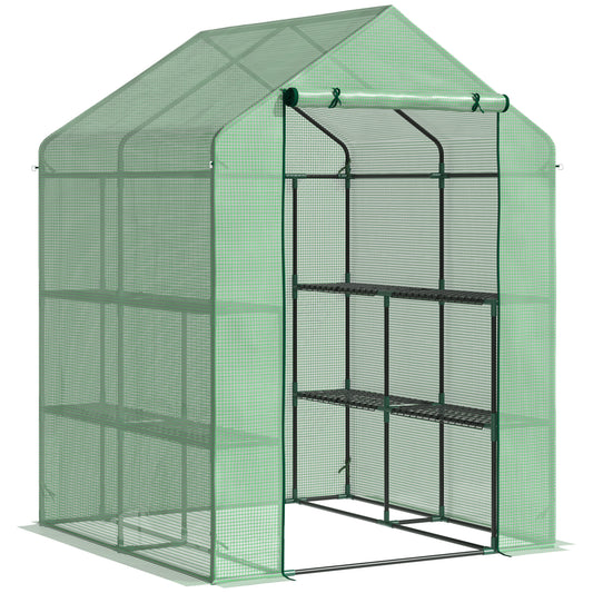 Photo of Outsunny Walk in Greenhouse with Shelves Steeple Green House for Garden Grow House Removable Cover 143x138x190cm, Green in Green colour on a white background