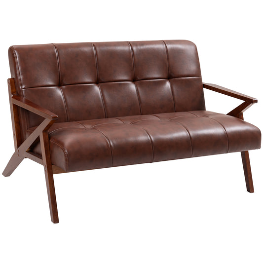 Photo of HOMCOM Compact 2 Seater Sofa, Vintage Tufted Loveseat Sofa with Solid Wood Legs, PU Leather Small Couch Settee for Living Room, Bedroom, Home Office, 133 x 81 x 78.5 cm, Brown in Brown colour on a white background