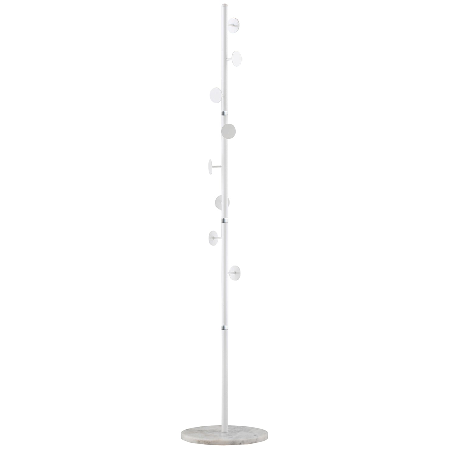 Photo of HOMCOM Coat Rack Free Standing Hall Tree with 8 Round Disc Hooks for Clothes, Hats,Purses, Steel Entryway Coat Stand with Marble Base for Entryway, Living Room, Bedroom, White in White colour on a white background