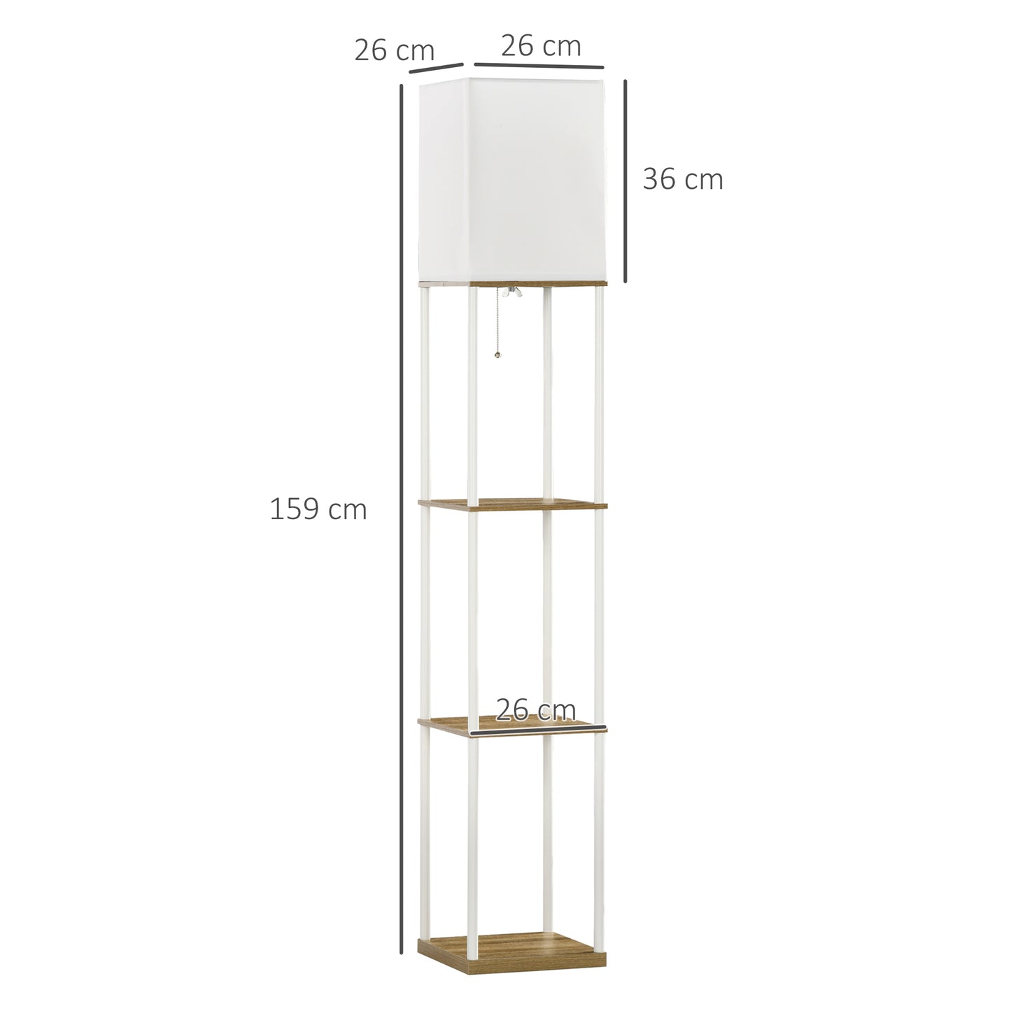 HOMCOM Modern Metal Floor Lamp with Shelves, 3 Layer Shelf Tall Standing Lamp with Fabric Lampshade, Pull Chain Switch for Living Room, Bedroom, Bulb not Included, White