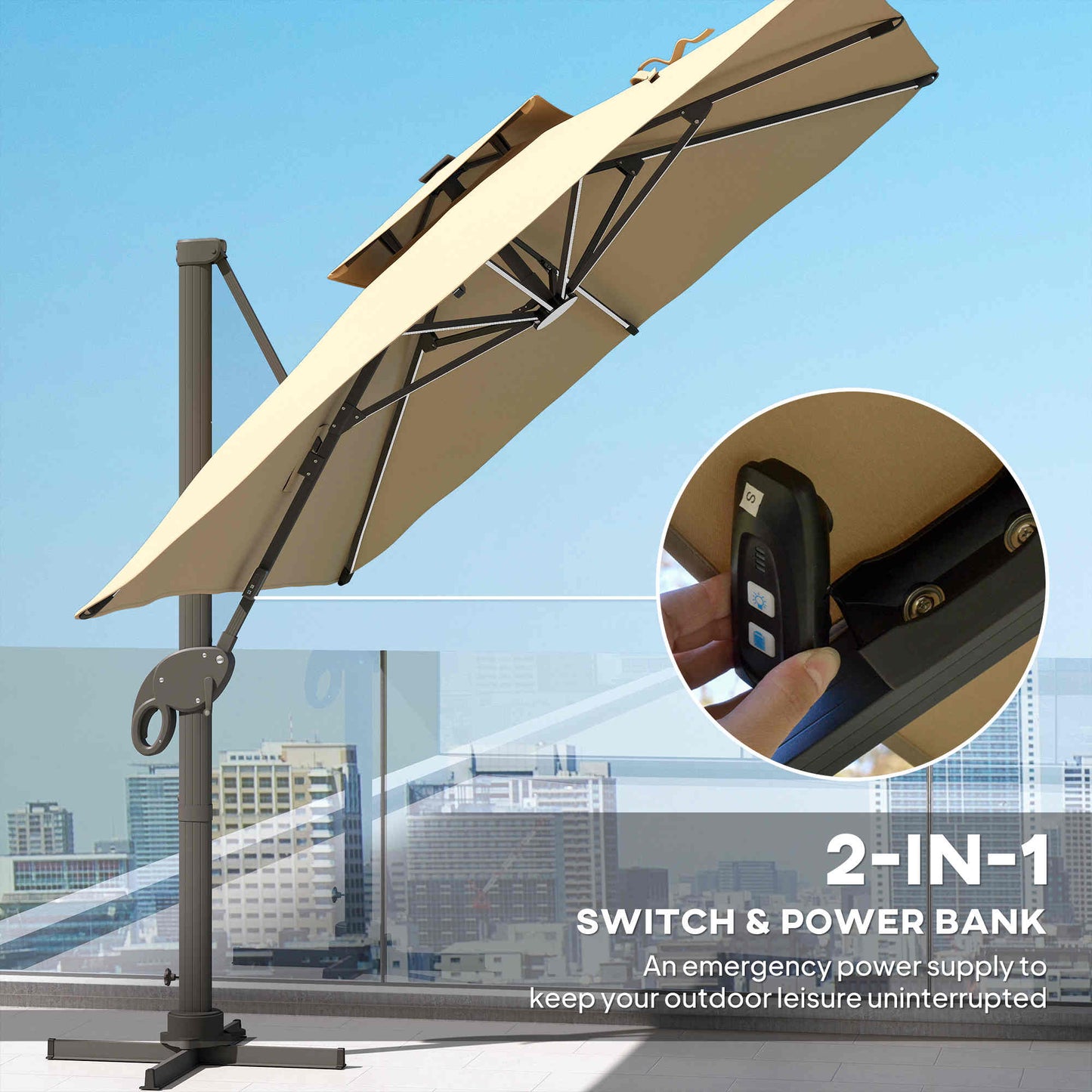 Outsunny 3 x 3(m) Aluminium Sun Square Canopy Top with Adjustable Pole Angle, Khaki