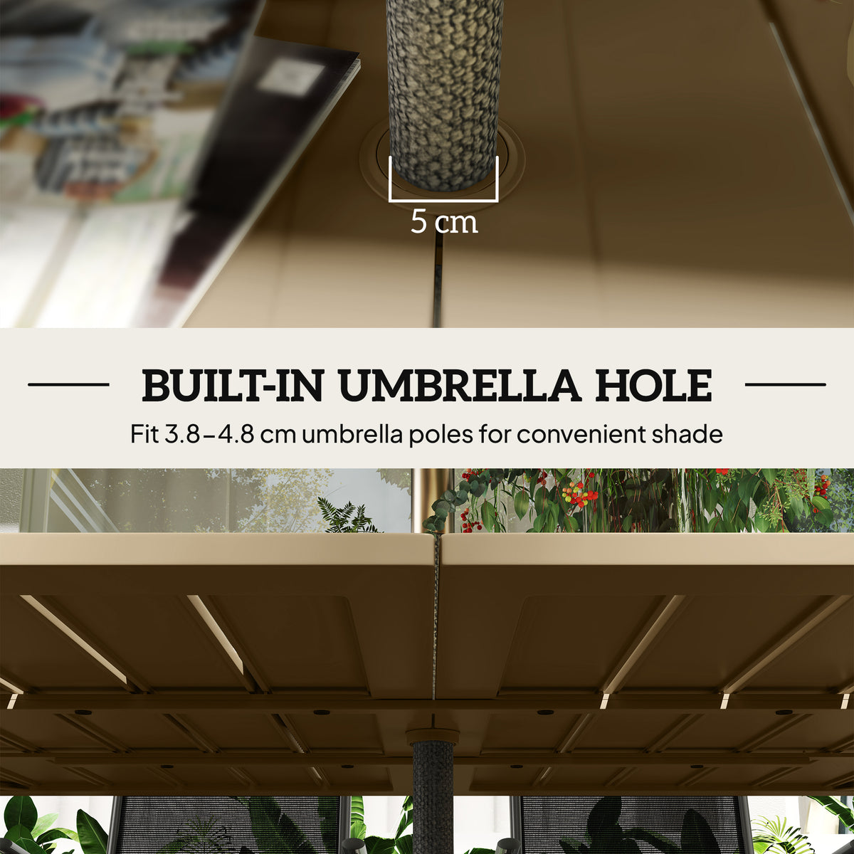Outsunny brown metal tabletop with a built-in 5 cm umbrella hole