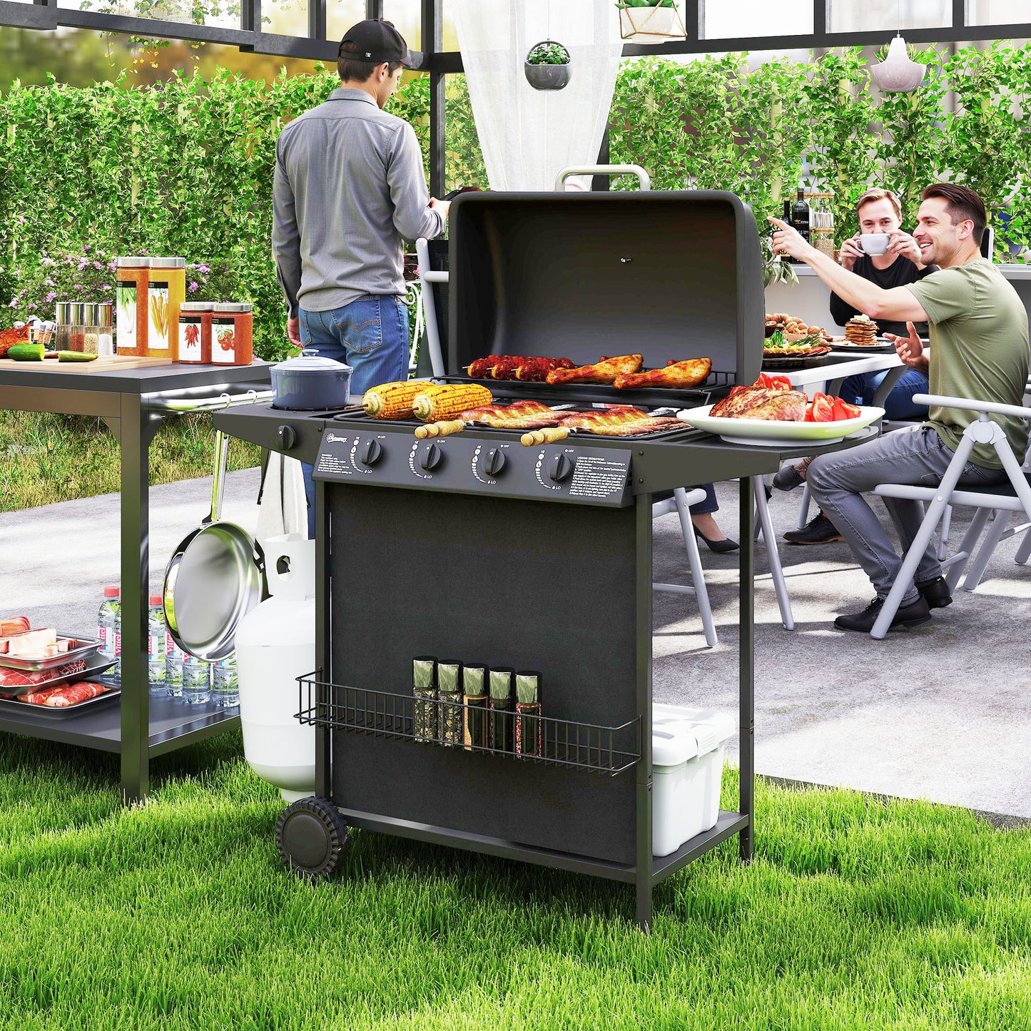 Outsunny 4+1 Burner Gas BBQ Grill, Portable Gas Barbecue Grill with Built-in Thermometer, Lid, Side Table, Shelf, Spice Rack, Wheels, Grease Cup for Garden Party Outdoor Cooking, Black