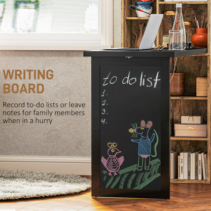 Folding desk with a black chalkboard panel and open shelves