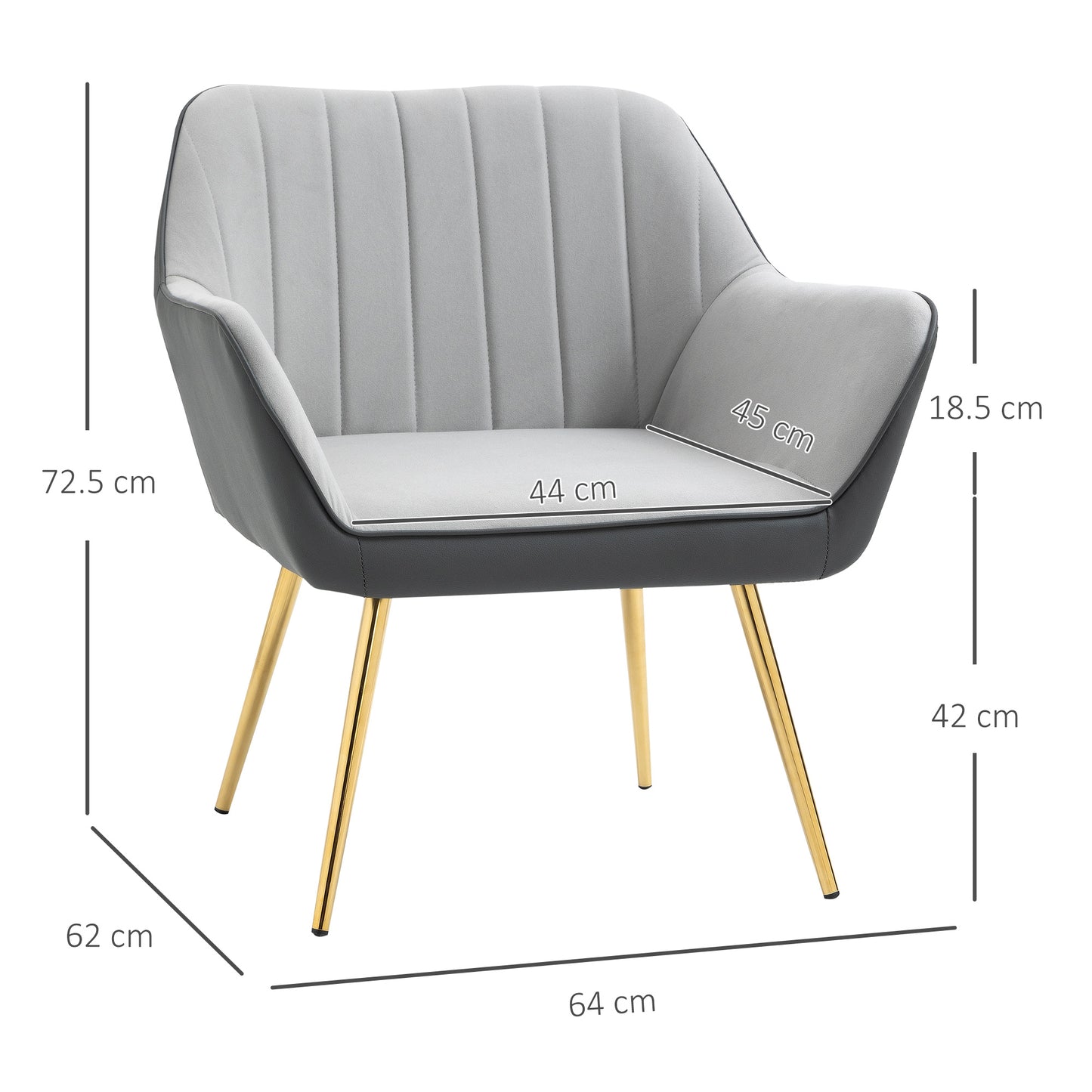 HOMCOM Velvet Armchair, Upholstered Accent Chair with Golden Steel Legs, Modern Vanity Chair for Living Room and Bedroom, Light Grey