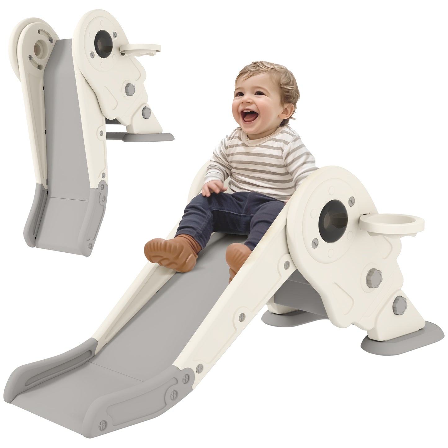 Photo of AIYAPLAY 3-in-1 Kids Slide with Basketball Hoop, Climber, Anti-Slip Steps for Toddlers, Ages 2-5 Years, Cream White in White colour on a white background