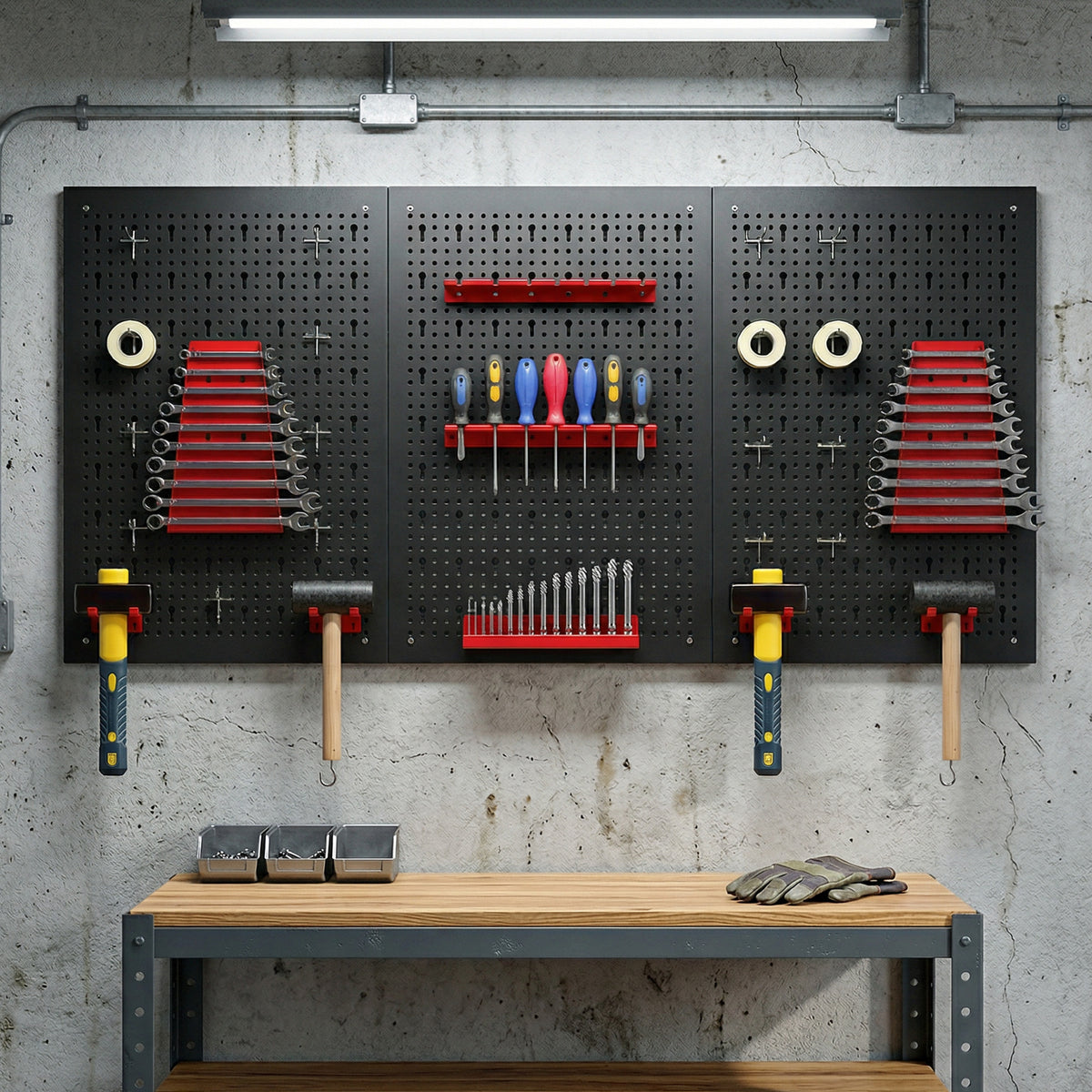HOMCOM 28 Pcs Wall-Mounted Pegboard with 3 Boards, Garage Tool Storage Unit Black and Red