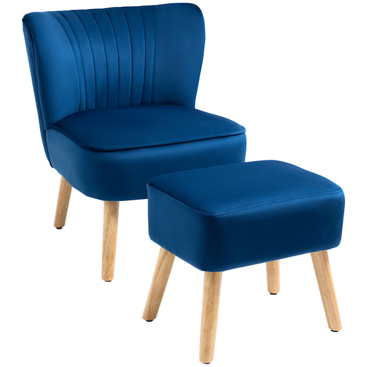 Photo of HOMCOM Velvet Accent Chair Occasional Tub Seat Padding Curved Back w/ Ottoman Wood Frame Legs Home Furniture, Dark Blue in Blue colour on a white background