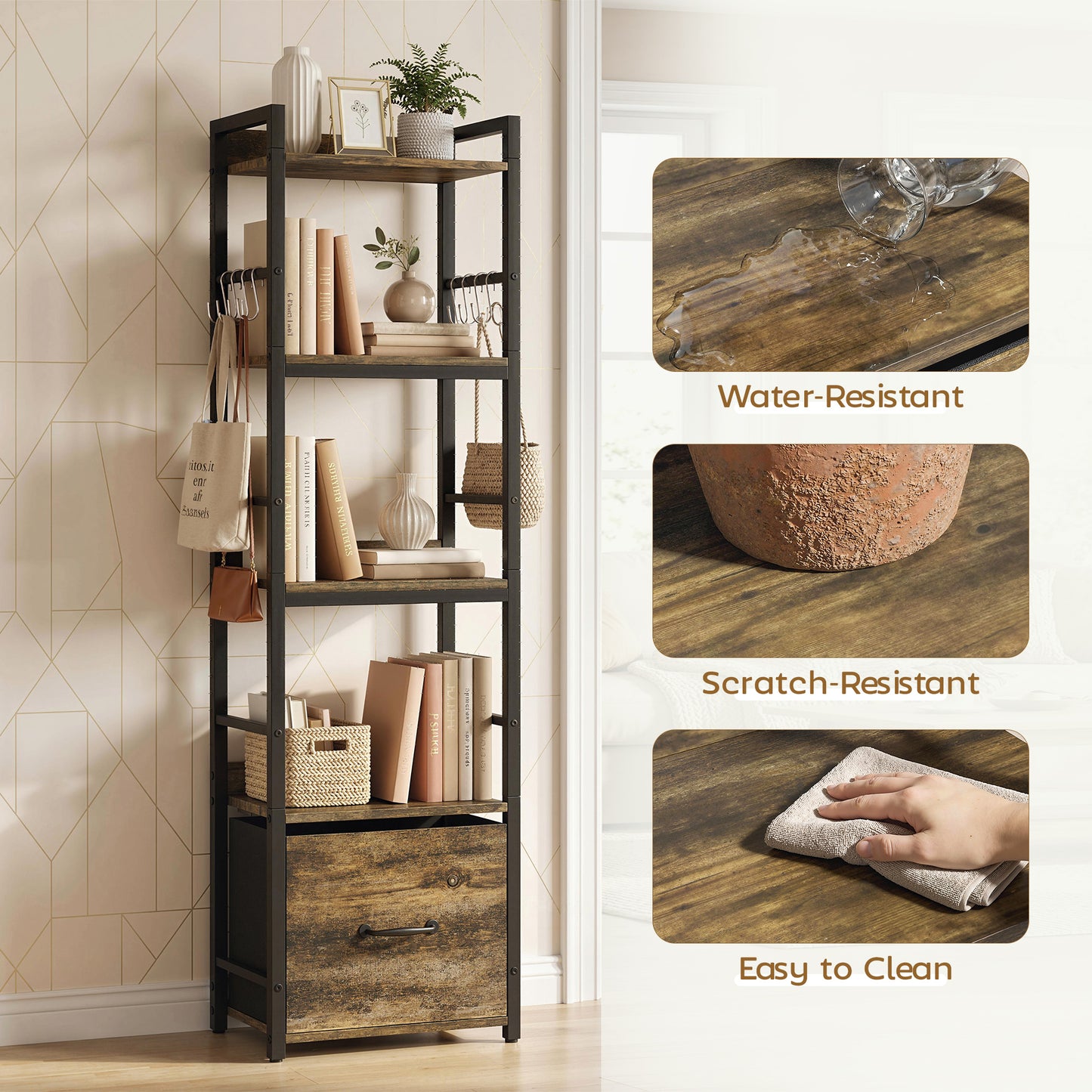 HOMCOM 4-Tier Bookshelf, Narrow Bookcase with Drawer, 8 Hooks, Metal Frame, Rustic Brown