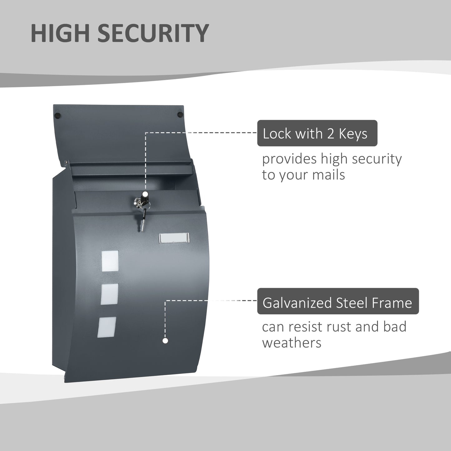 HOMCOM Wall Mounted Letter Box, Weatherproof Post Box for Outside Wall, Modern Mailbox with 2 Keys and Nameplate, Anthracite Grey
