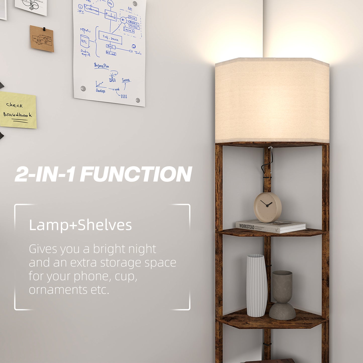 HOMCOM Corner Floor Lamp with Shelves, Tall Standing Lamps for Living Room, with Pull Chain Switch Bulb not Included, Rustic Brown