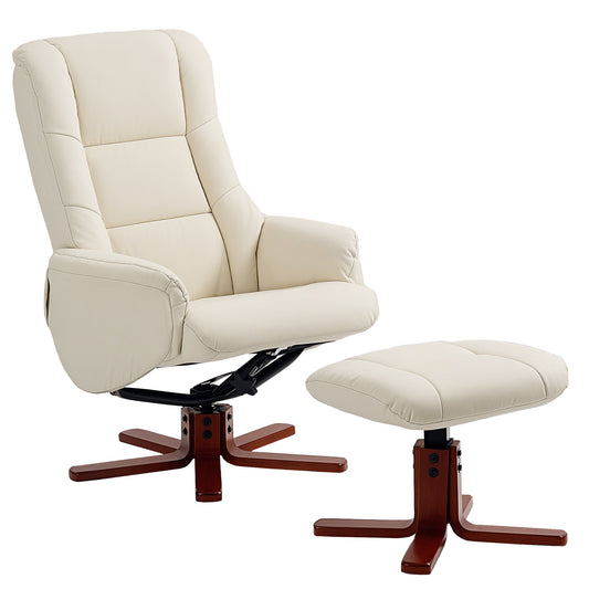 Photo of HOMCOM Rocking Recliner Chair with Footstool, PU Leather Recliner Armchair with Wood Base, Upholstered Reclining Chair for Living Room Bedroom, Cream in Cream colour on a white background