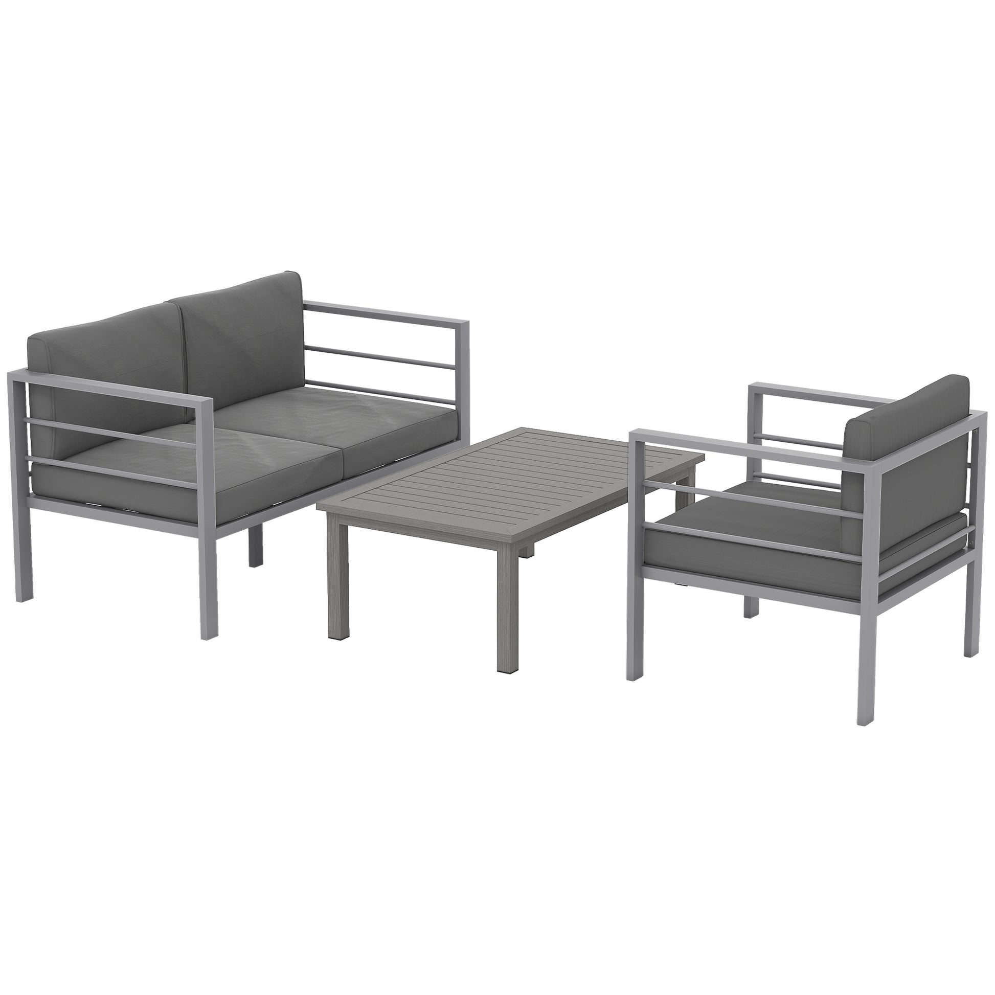 Photo of Outsunny 4 Piece Garden Furniture Set, 4 Seater Aluminium Garden Sofa Set with 2 Armchairs, Loveseat, Coffee Table and Cushions, Outdoor Conversation Conservatory Furniture for Patio, Charcoal Grey in Grey colour on a white background