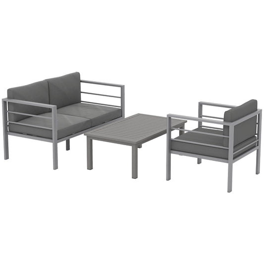 Photo of Outsunny 4 Piece Garden Furniture Set, 4 Seater Aluminium Garden Sofa Set with 2 Armchairs, Loveseat, Coffee Table and Cushions, Outdoor Conversation Conservatory Furniture for Patio, Charcoal Grey in Grey colour on a white background