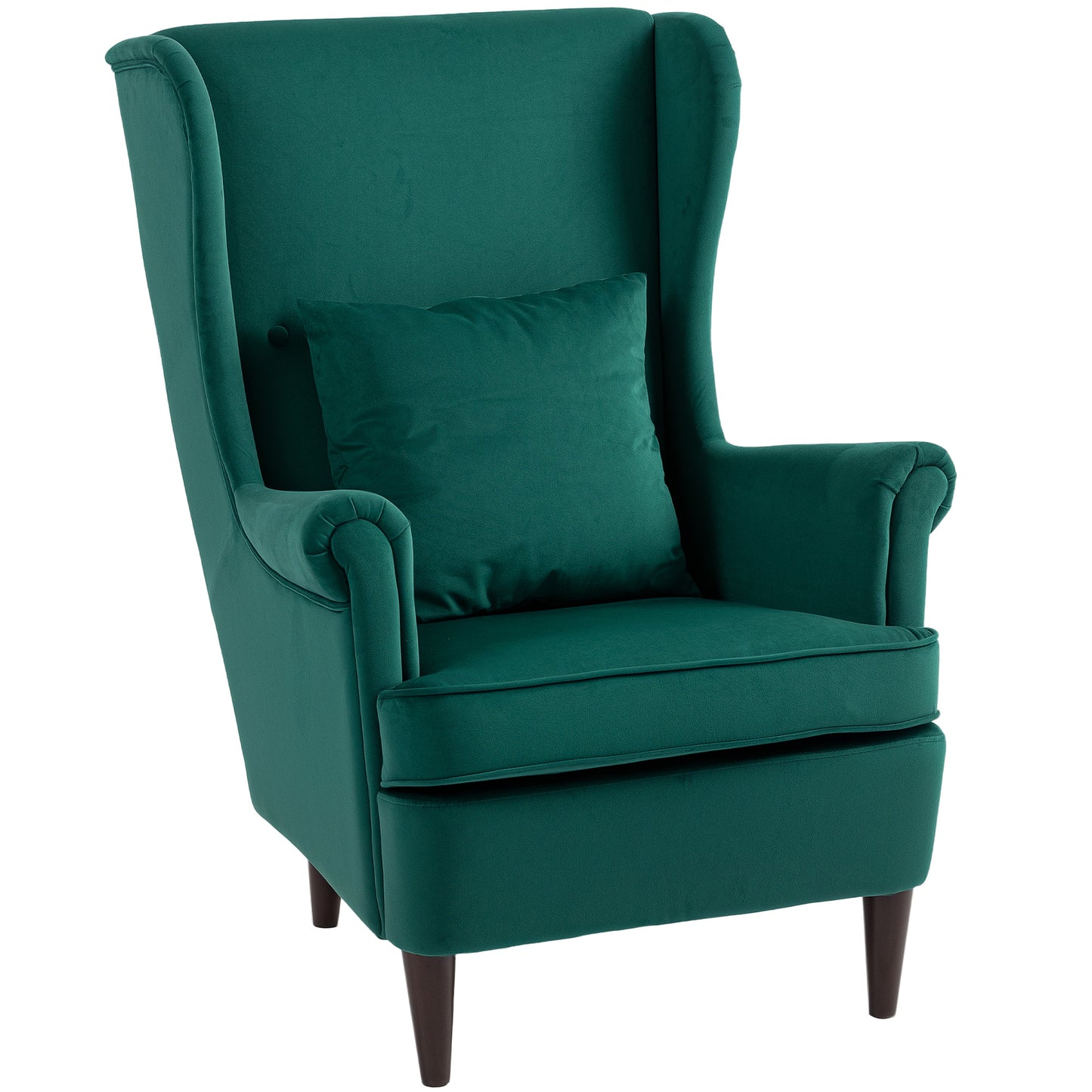 Photo of HOMCOM Modern Accent Chair with High Backrest and Pillow, Velvet-Feel Fabric Reading Chair with Solid Wood Legs, Green in Green colour on a white background