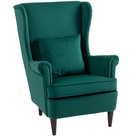 Photo of HOMCOM Modern Accent Chair with High Backrest and Pillow, Velvet-Feel Fabric Reading Chair with Solid Wood Legs, Green in Green colour on a white background