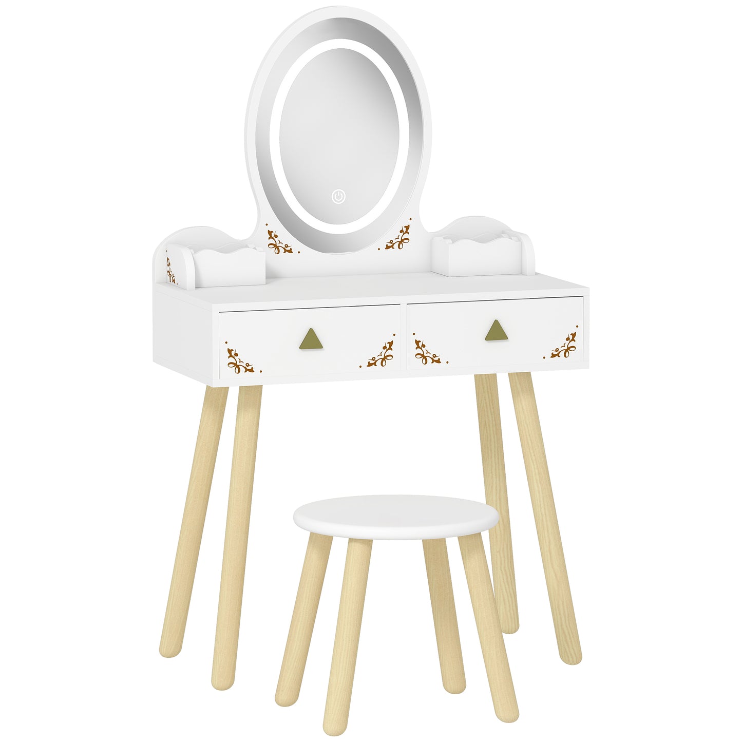 Photo of AIYAPLAY Kids Vanity Table and Chair Set with 3-Colour LED Lights Mirror, Drawer, Storage Boxes, for 3+ Years, White in White colour on a white background