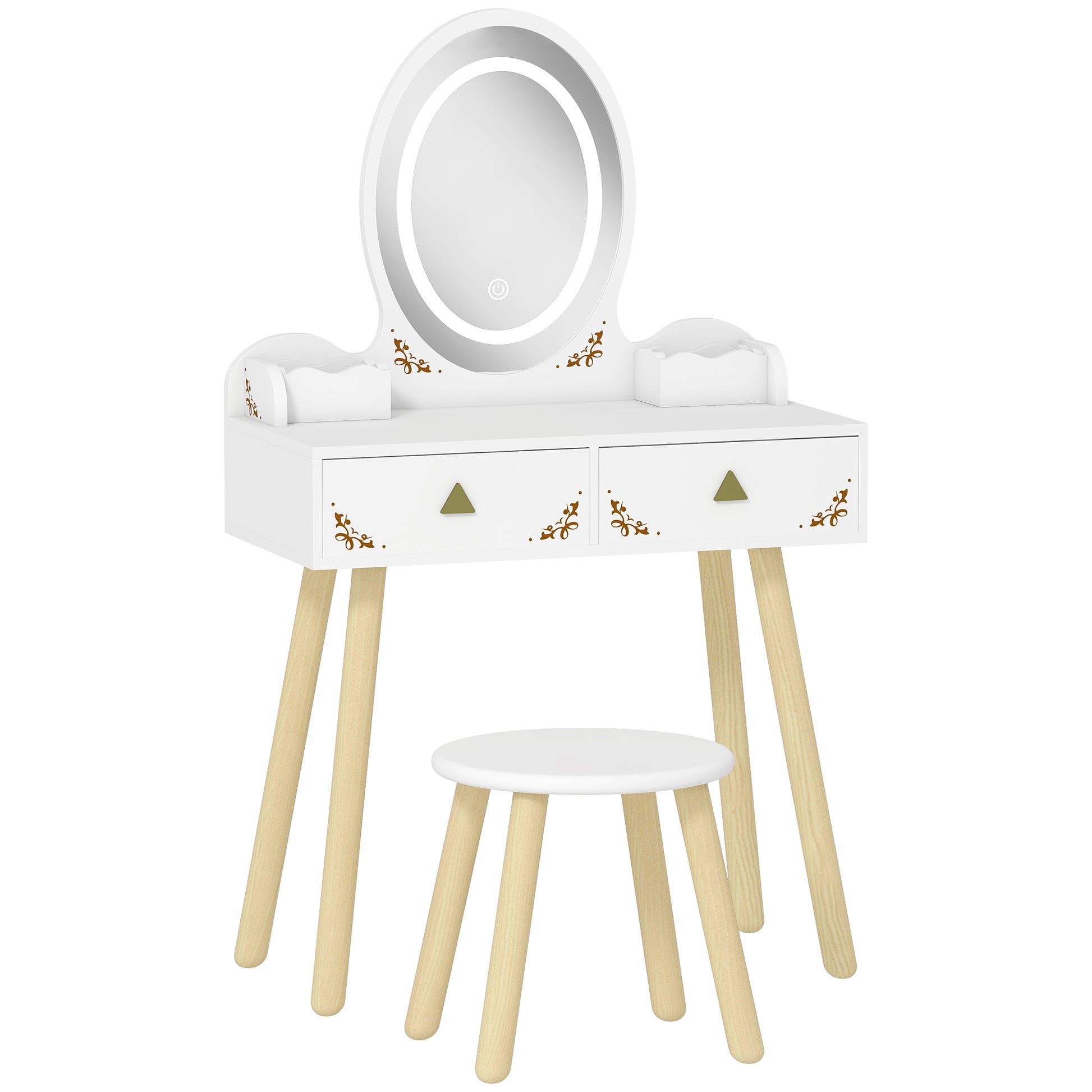 Photo of AIYAPLAY Kids Vanity Table and Chair Set with 3-Colour LED Lights Mirror, Drawer, Storage Boxes, for 3+ Years, White in White colour on a white background