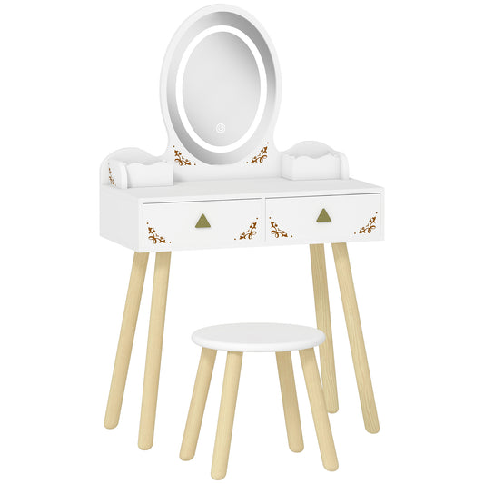 Photo of AIYAPLAY Kids Vanity Table and Chair Set with 3-Colour LED Lights Mirror, Drawer, Storage Boxes, for 3+ Years, White in White colour on a white background
